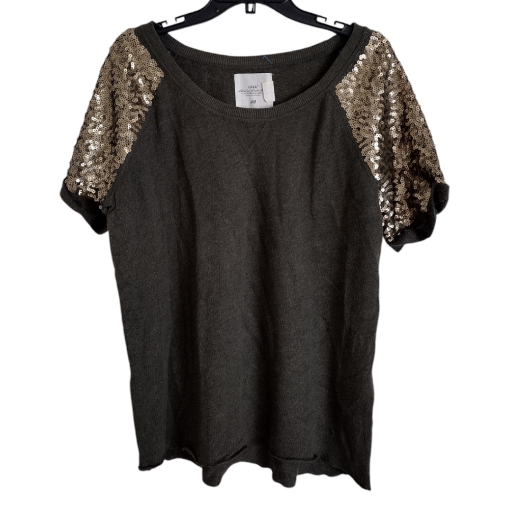 H&M distressed dark olive green top with gold sequined shoulders size large